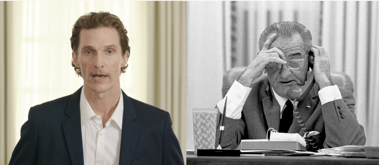 A split image of Matthew McConaughey and Lyndon B. Johnson on the phone