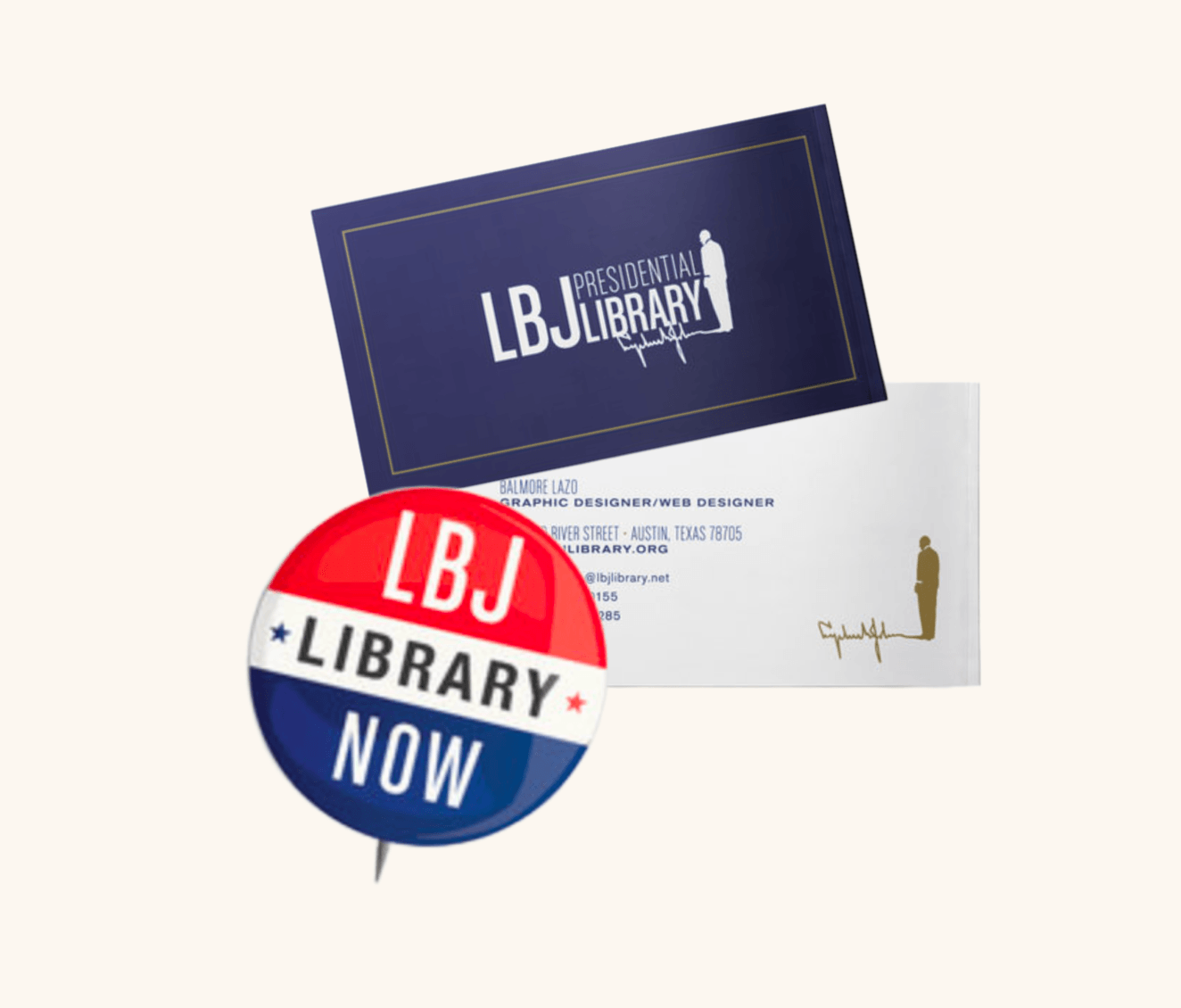 A business card and a button for the LBJ Presidential Library