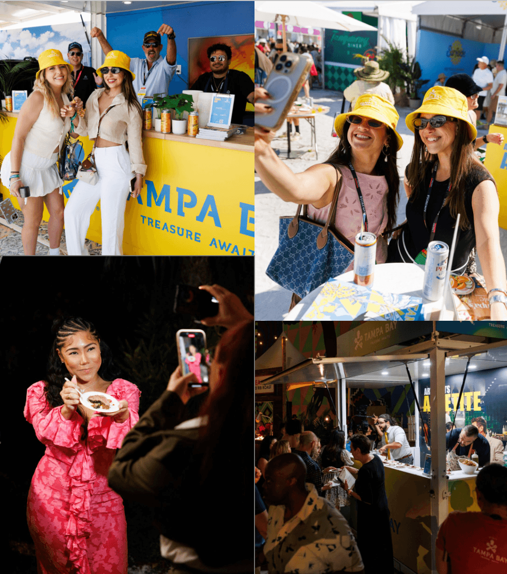 A collage of people enjoying an outdoor event with food, drinks, and photos