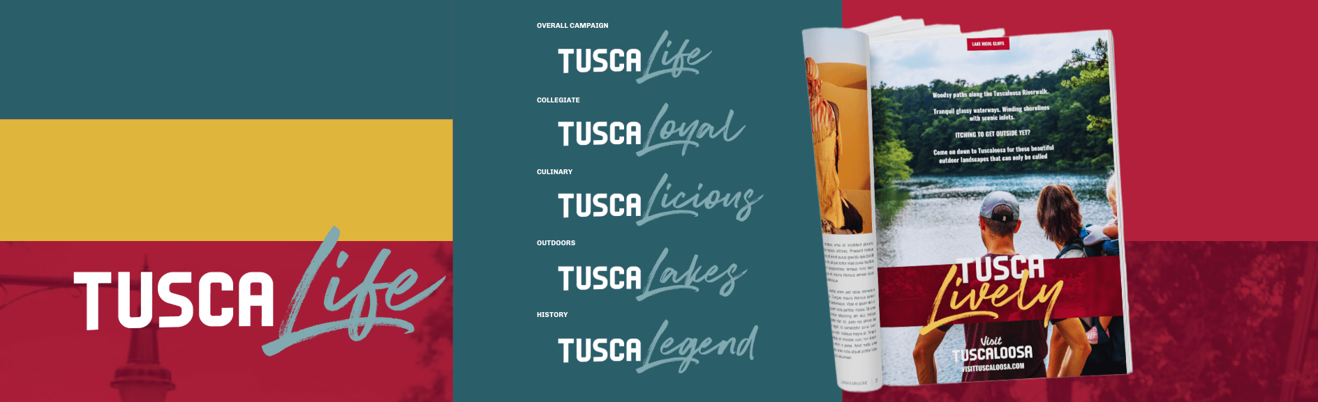 A branding presentation for Tuscaloosa featuring logos, campaign slogans, and a magazine spread