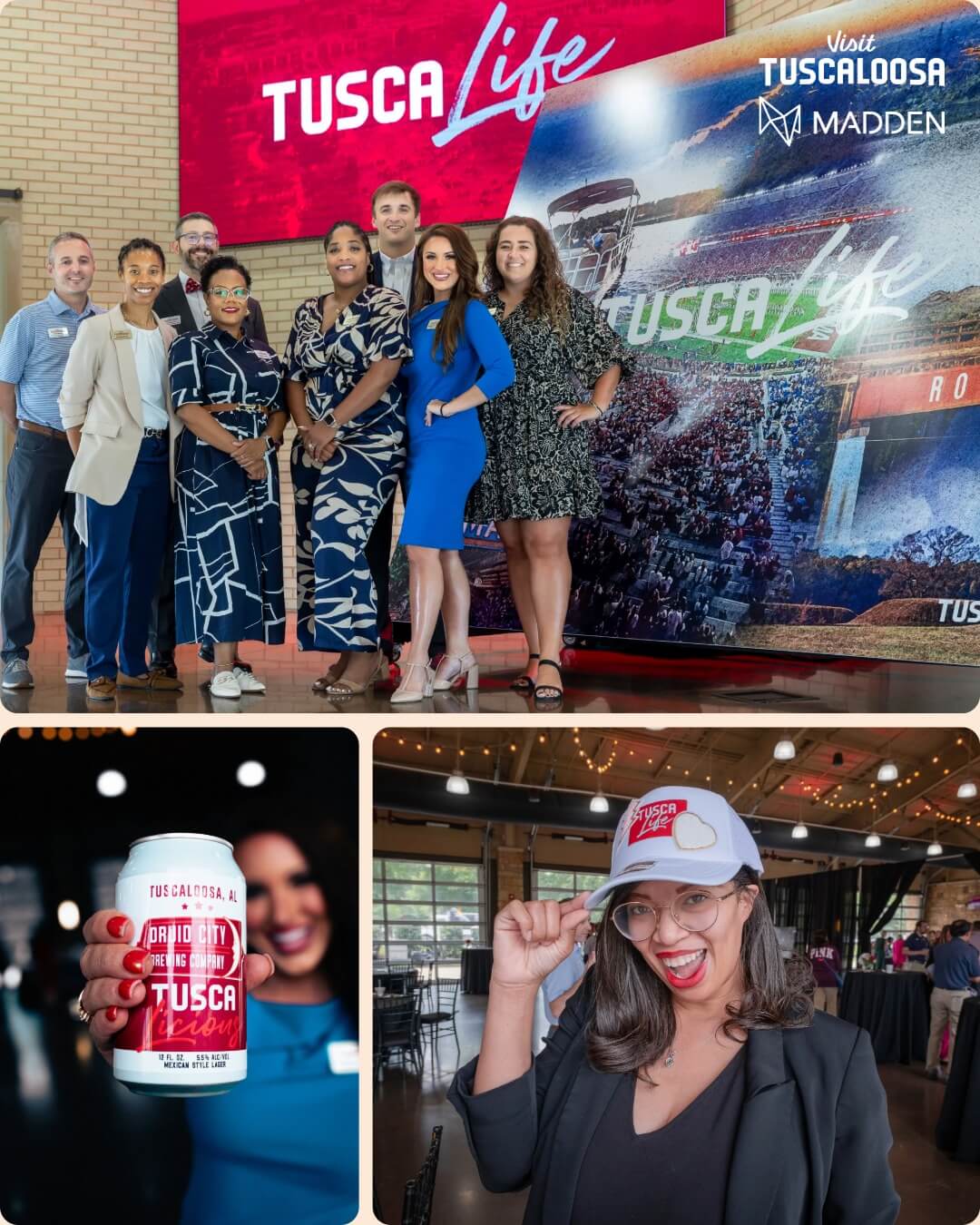 A collage showing a group of people, a beer can, and a woman wearing a hat