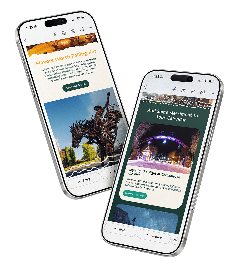 Two smartphones displaying email newsletters about seasonal events in Central Oregon